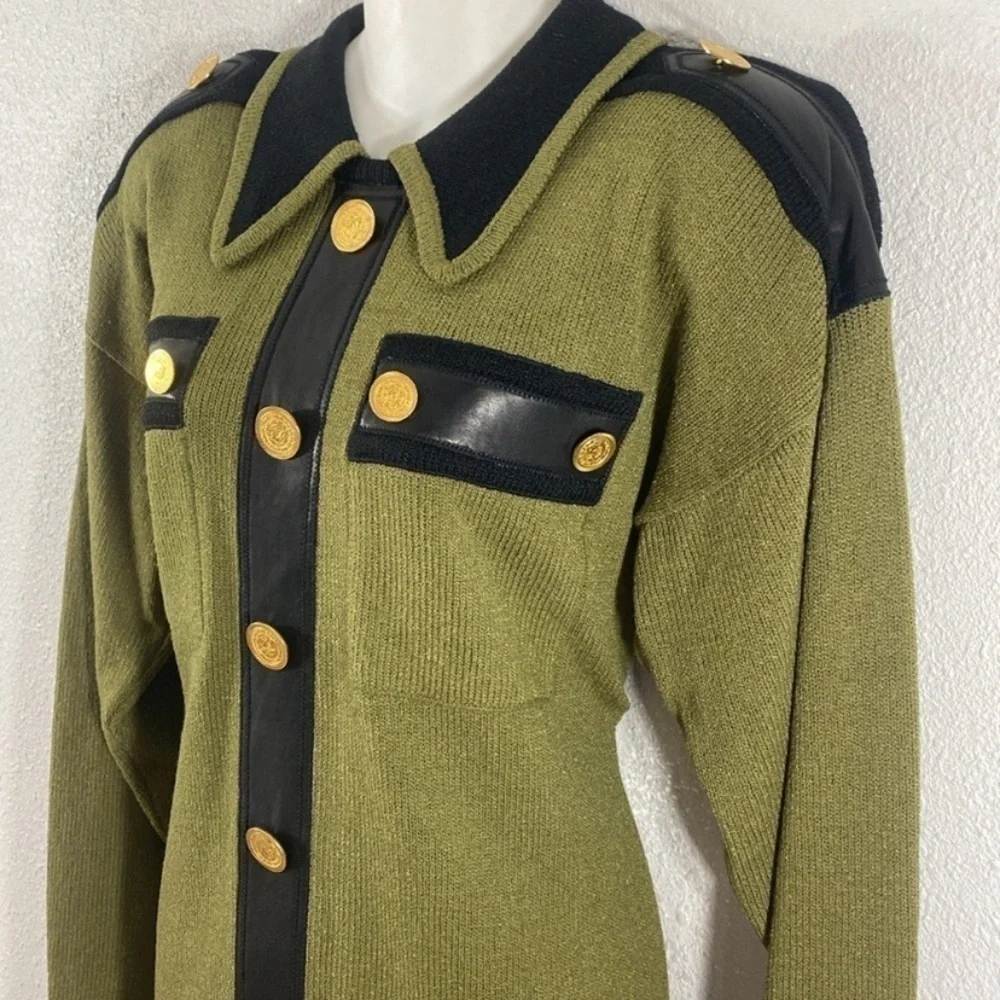 Vintage Cache green black knit military influenced dress Medium M W3 - Picture 7 of 12